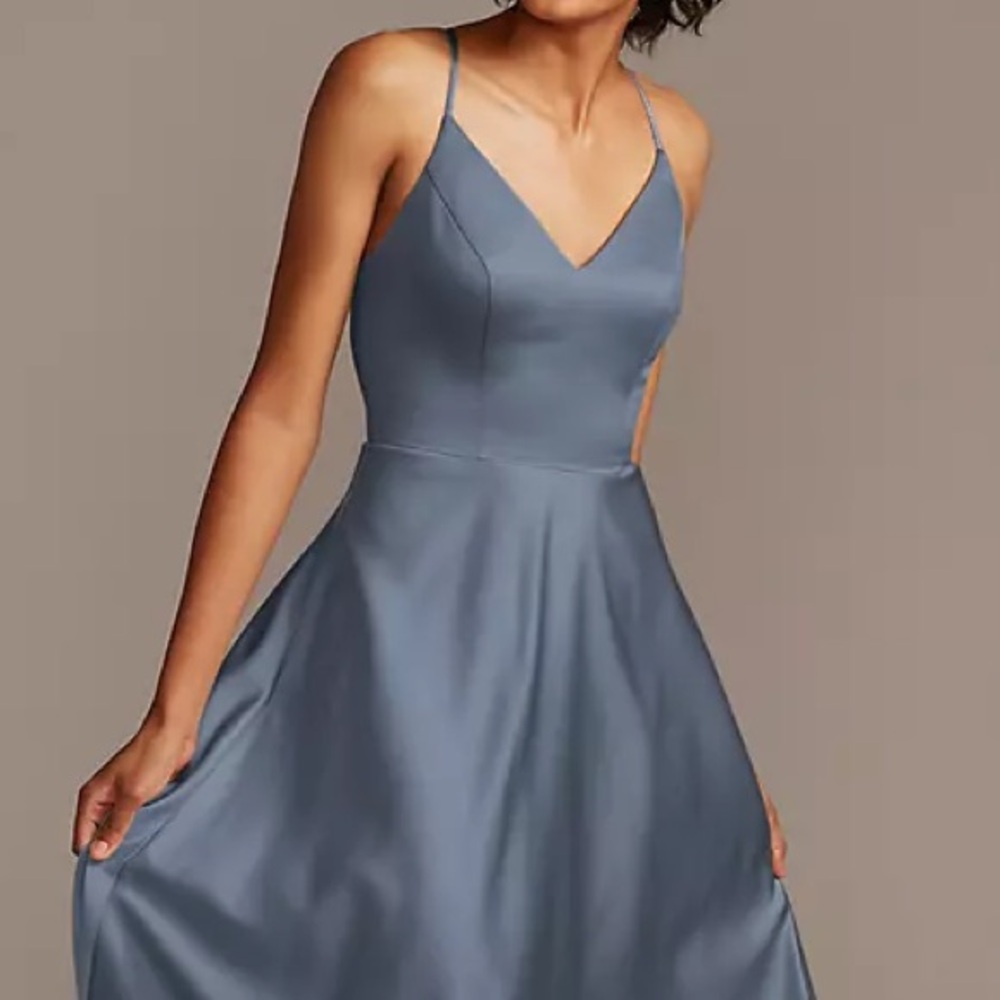 Satin V-Neck Spaghetti Strap Wedding Dress in Dusty Blue